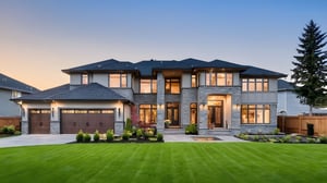 Modern luxury mansion with stone and glass exterior, large windows, and three-car garage at sunset.