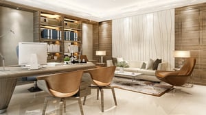 An upscale office space exuding sophistication and professionalism, featuring modern furnishings, and tasteful decor.