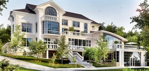Modern multi-story luxury home with large windows, balconies, and landscaped front entrance.
